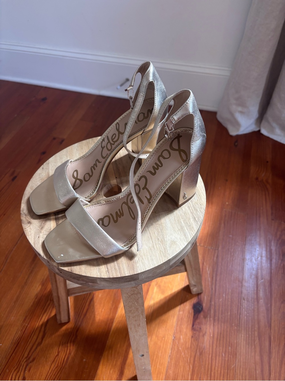 Sam Edelman Metallic Gold Ankle-Strap Block Heels